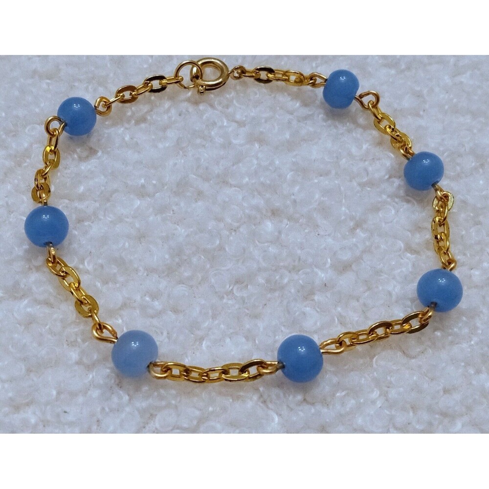 Dainty Handmade Blue Glass Beaded Goldtone Chain Bracelet 7.5 in